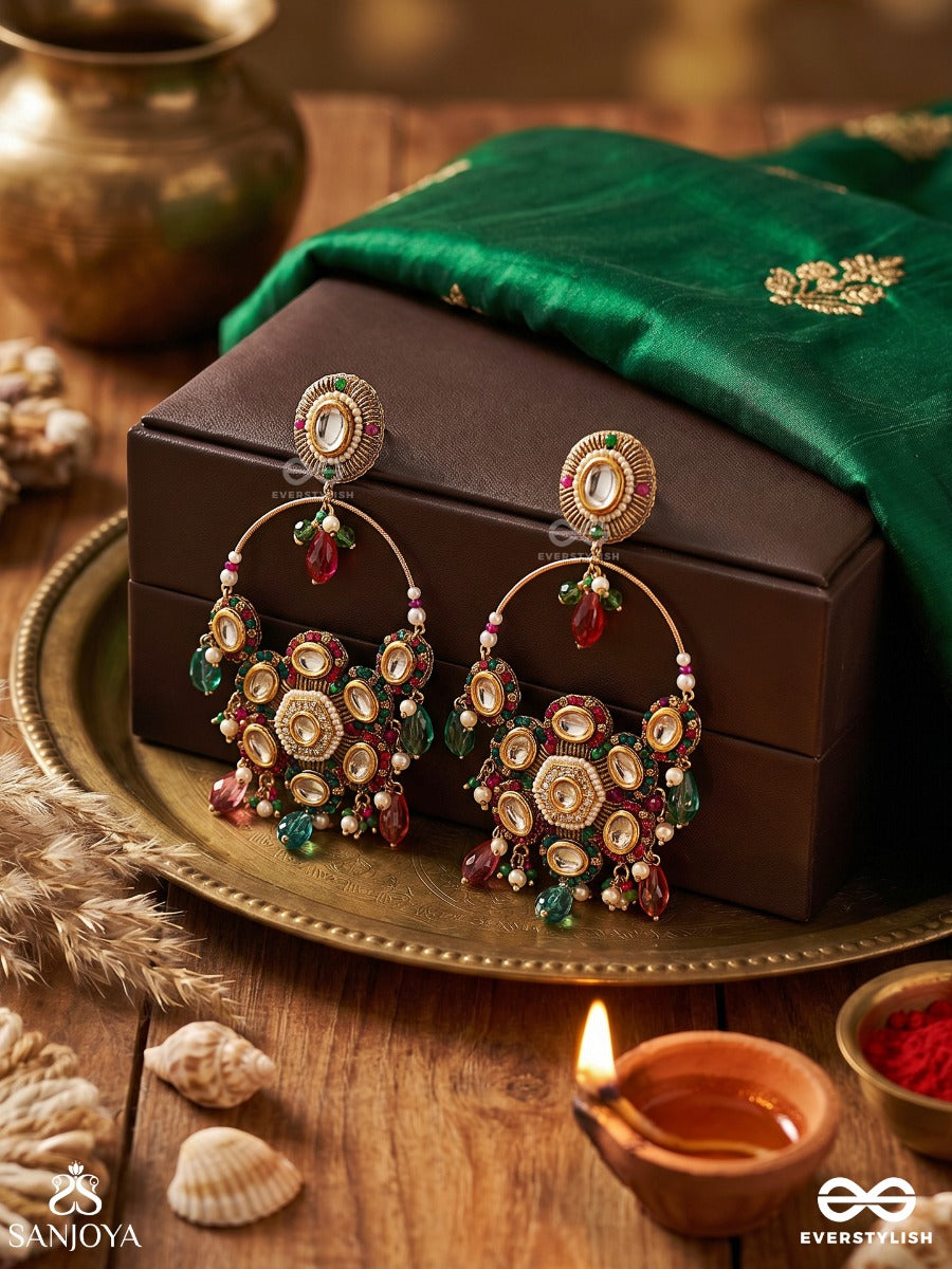 Zanvika - Radiant Form - Statement Earrings With Ornamental Hoop And Multi-Colour Drop Accents