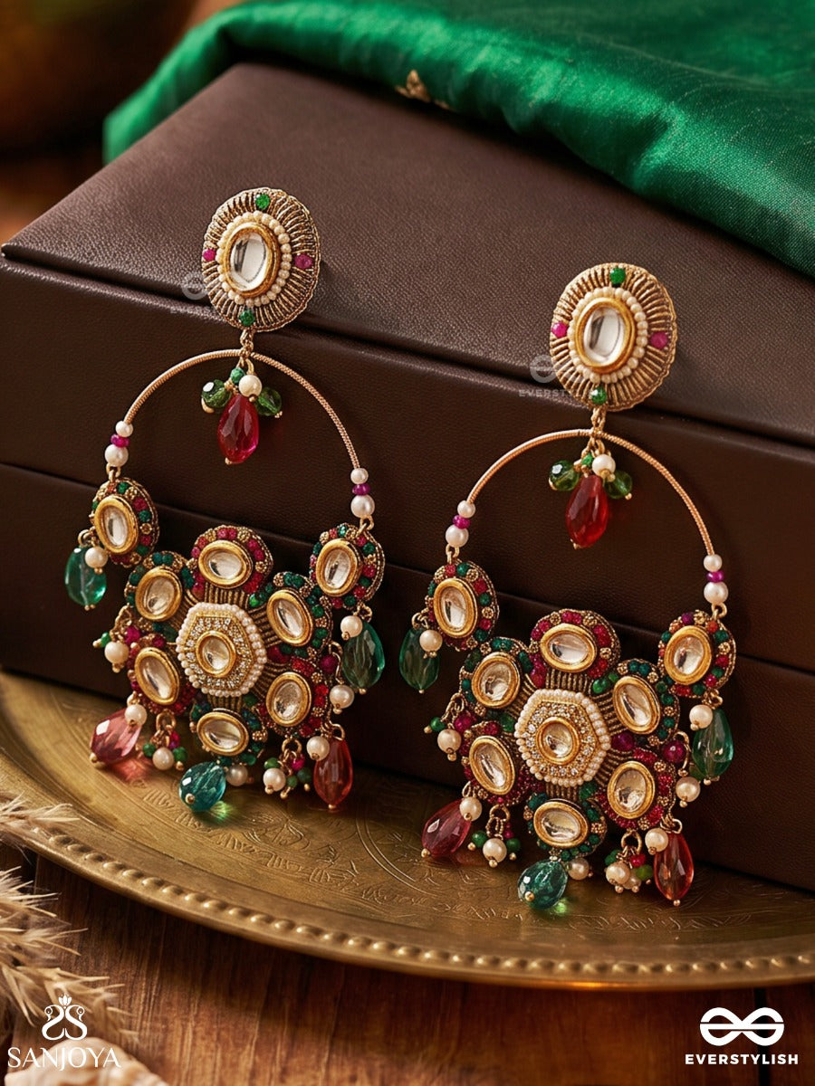 Zanvika - Radiant Form - Statement Earrings With Ornamental Hoop And Multi-Colour Drop Accents