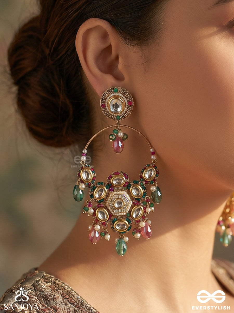 Zanvika - Radiant Form - Statement Earrings With Ornamental Hoop And Multi-Colour Drop Accents