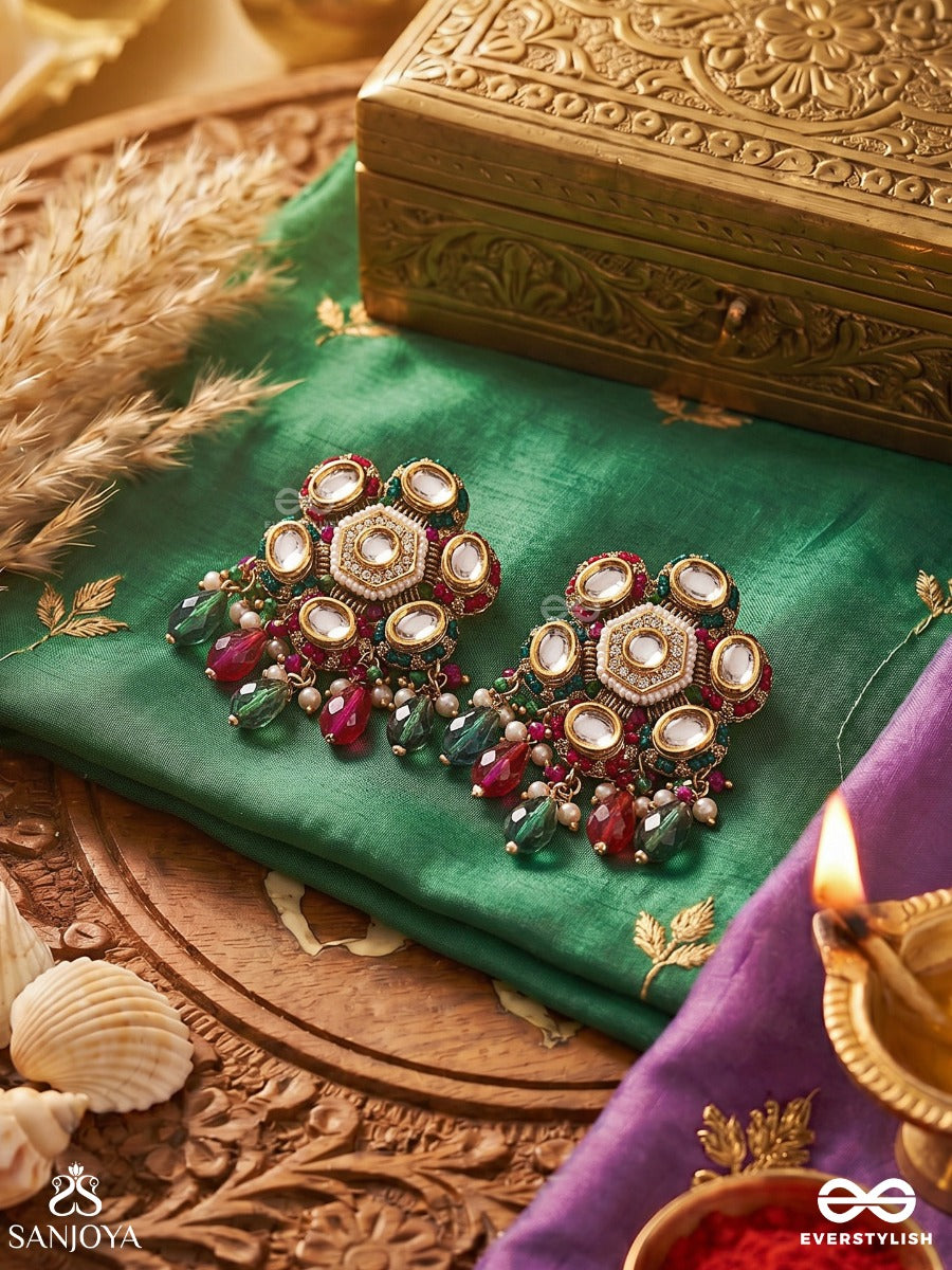 Eeshvarya - Divine Wealth - Statement Earrings With Ornamental Medallion And Multi-Drop Accents