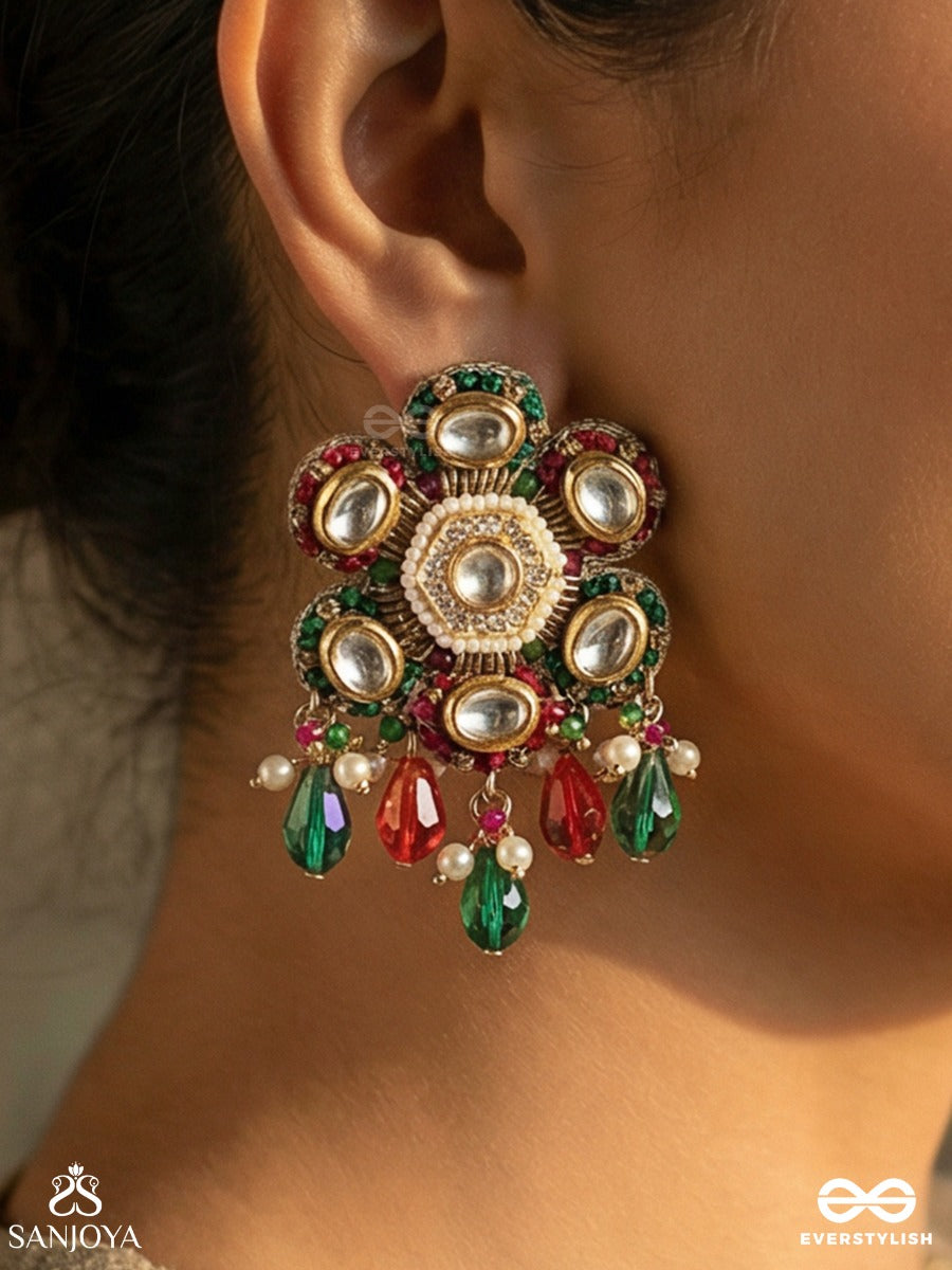 Eeshvarya - Divine Wealth - Statement Earrings With Ornamental Medallion And Multi-Drop Accents