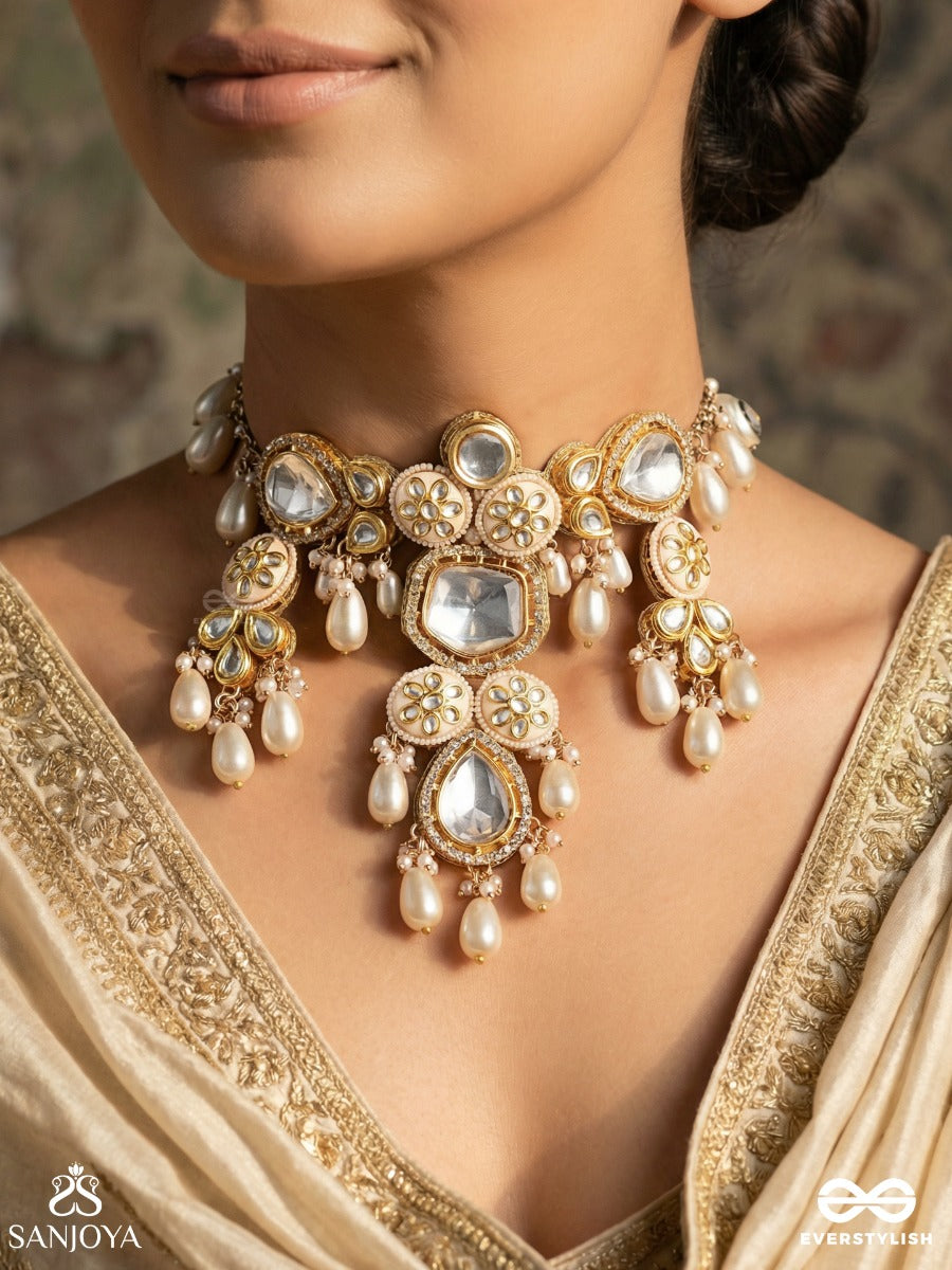 Kamakshi - One With Loving Eyes - Statement Necklace With Ornamental Motifs And Pearl Fringe