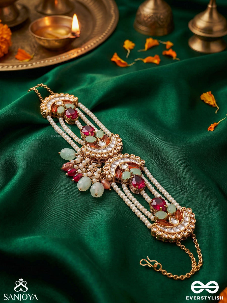 Chandrayukta - Moon Aligned - Festive Necklace With Ornamental Crescent Panels, Pearl Strands And Dangling Accents