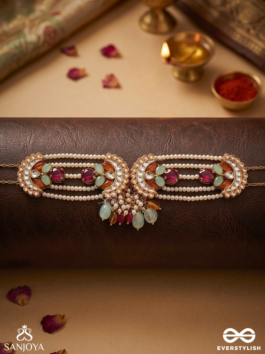 Chandrayukta - Moon Aligned - Festive Necklace With Ornamental Crescent Panels, Pearl Strands And Dangling Accents