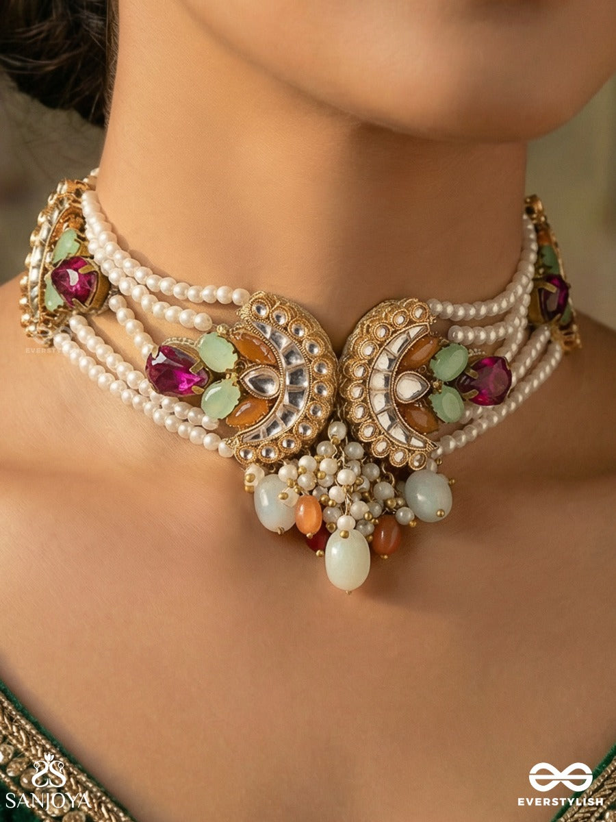 Chandrayukta - Moon Aligned - Festive Necklace With Ornamental Crescent Panels, Pearl Strands And Dangling Accents