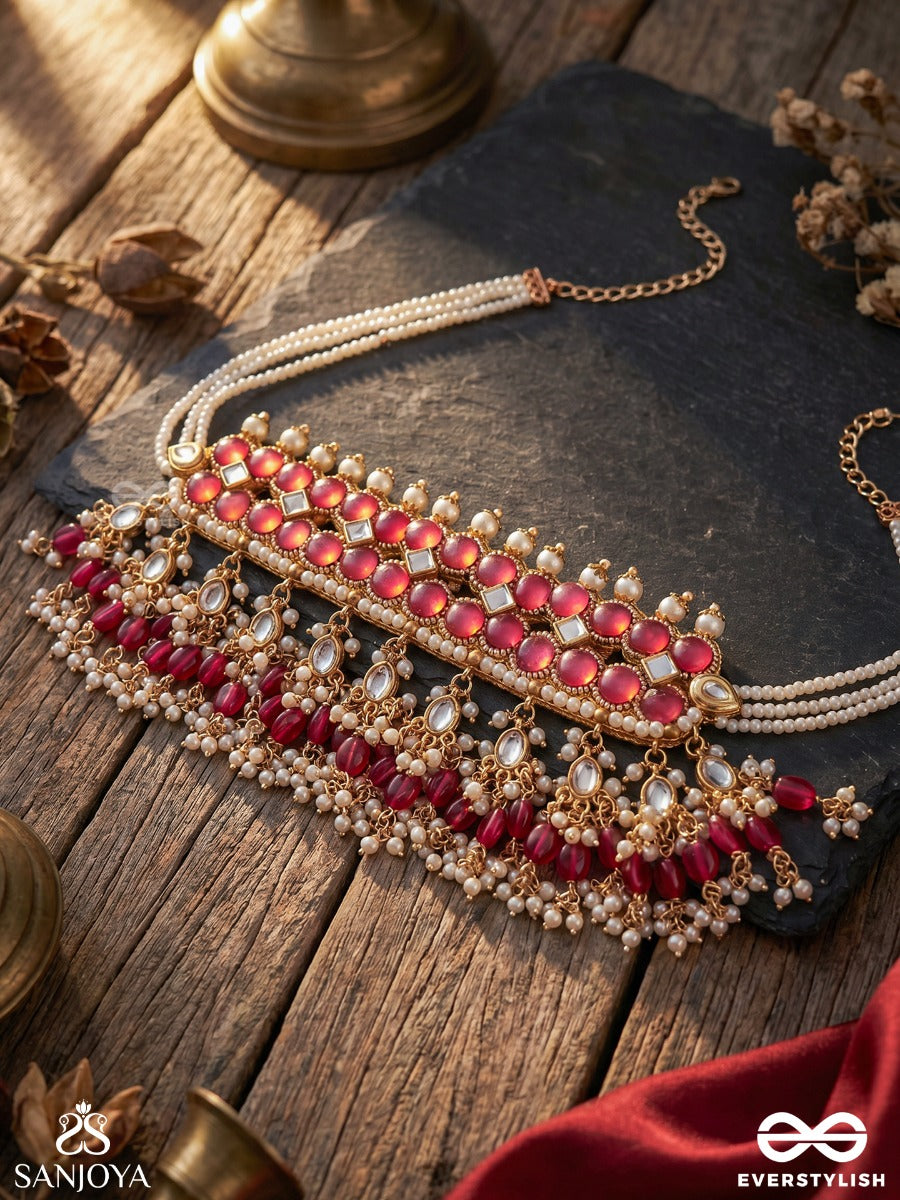 Gulabi Dhara - Suhana Khan Inspired Neckpiece Featuring Kundan, Red Gemstones And Pearls