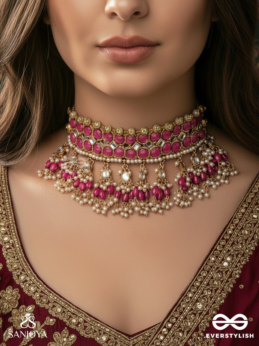 Gulabi Dhara - Suhana Khan Inspired Neckpiece Featuring Kundan, Red Gemstones And Pearls