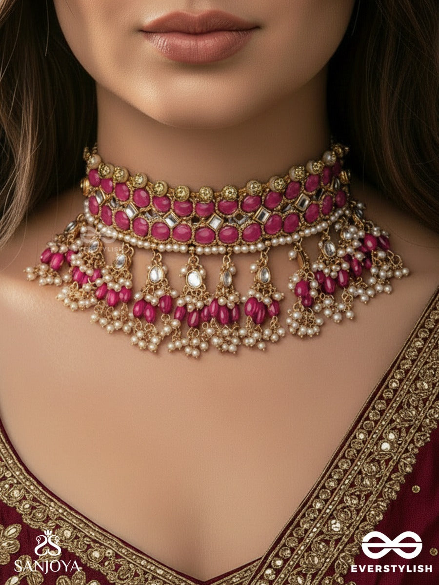 Gulabi Dhara - Suhana Khan Inspired Neckpiece Featuring Kundan, Red Gemstones And Pearls