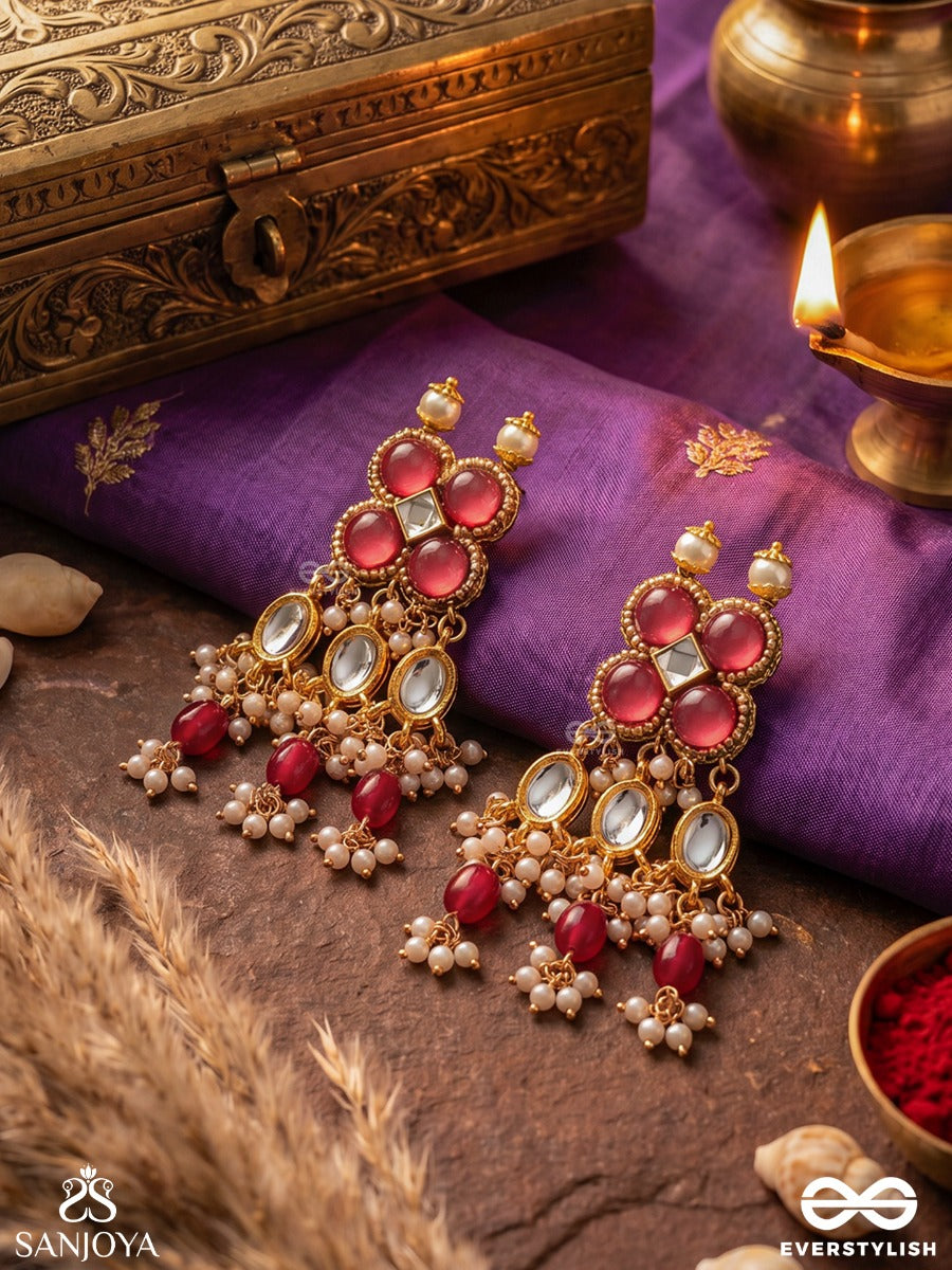 Gulabi Dhara - Suhana Khan Inspired Earrings Featuring Kundan, Red Gemstones And Pearls