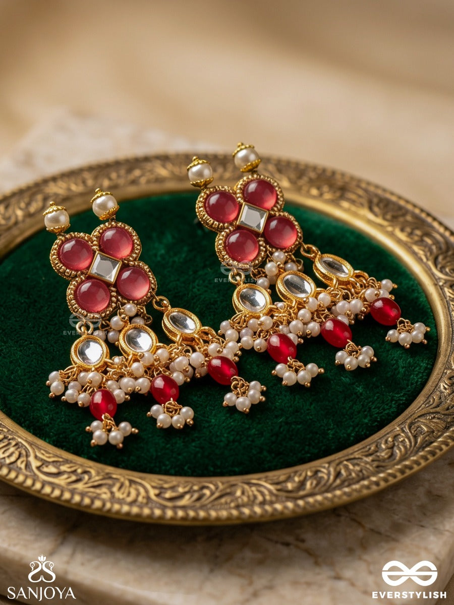 Gulabi Dhara - Suhana Khan Inspired Earrings Featuring Kundan, Red Gemstones And Pearls