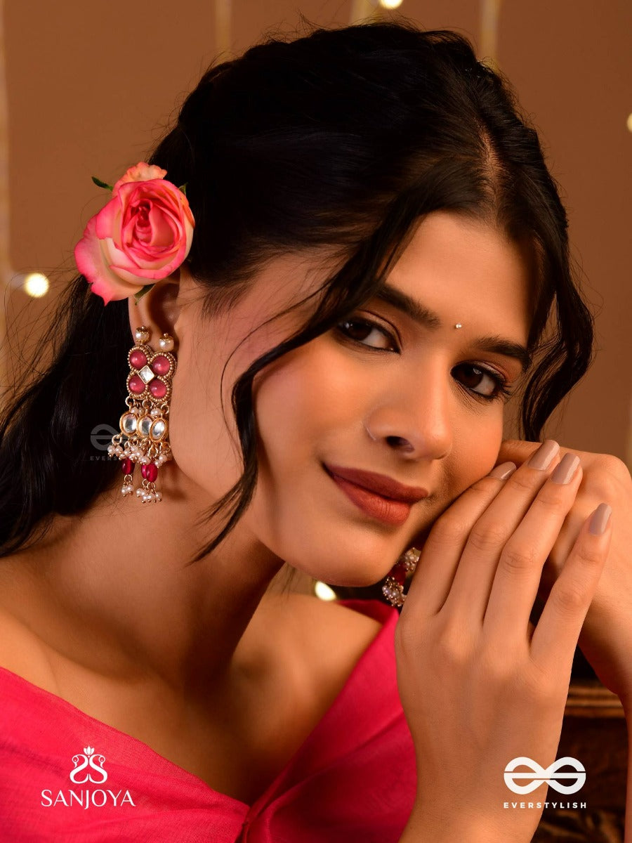 Gulabi Dhara - Suhana Khan Inspired Earrings Featuring Kundan, Red Gemstones And Pearls
