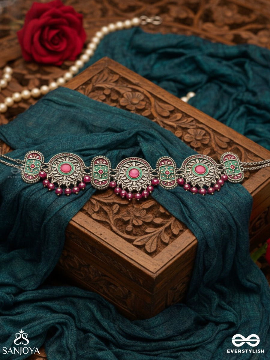 Raktashree- Red Elegance : Oxidized Choker With Intricate Work And Bold Red Accents, Perfect For A Traditional Look