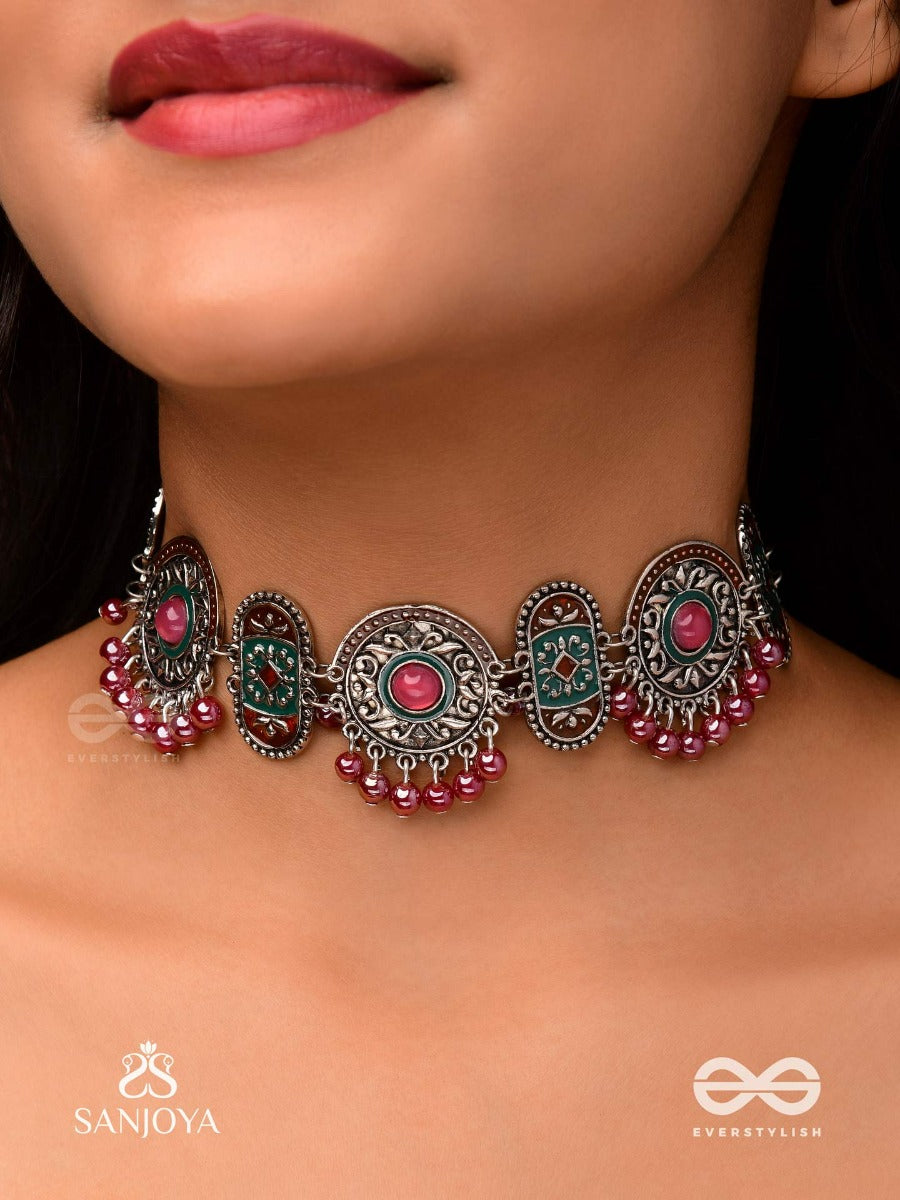 Raktashree- Red Elegance : Oxidized Choker With Intricate Work And Bold Red Accents, Perfect For A Traditional Look