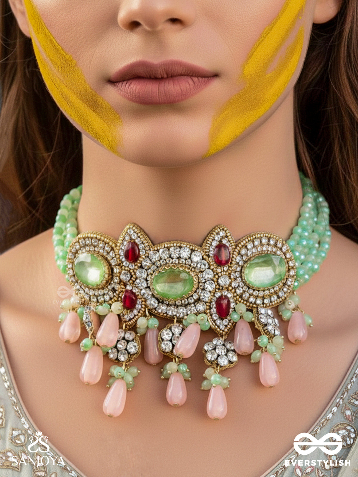 Pankhuri Dhara - Suhana Khan Inspired Neckpiece Featuring Cascading Pink Beads And Sparkling Gemstones