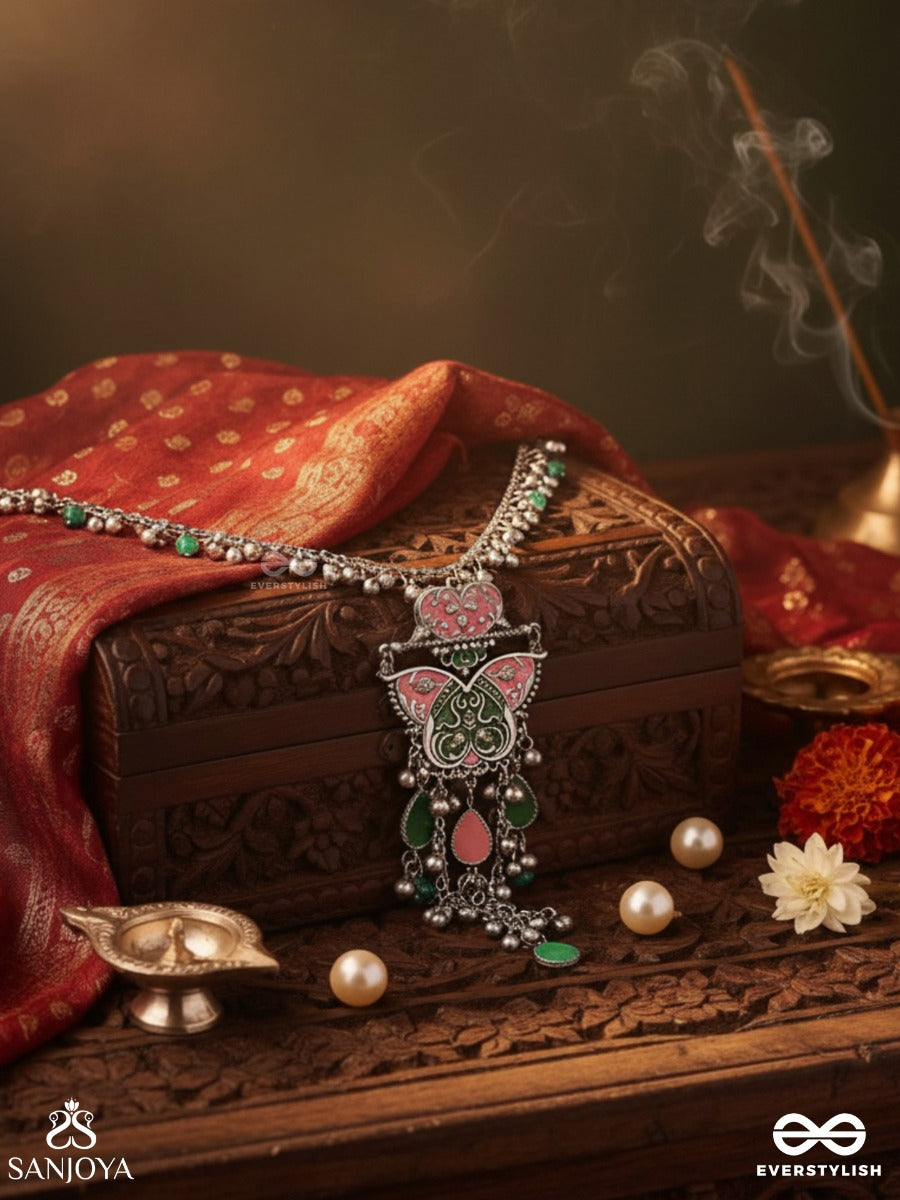 Mayura Maala- Pecock Necklace: Enamelled Oxidised Necklace With Ghungroo And Beads