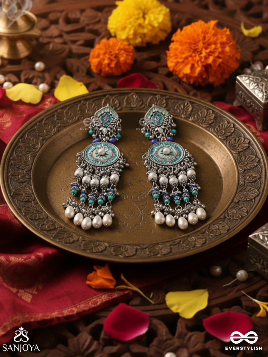 Neelkamala - Blue Lotus Oxidized Earrings With Blue Beads And Intricate Work, Adorned With Pearls & Ghungroo's