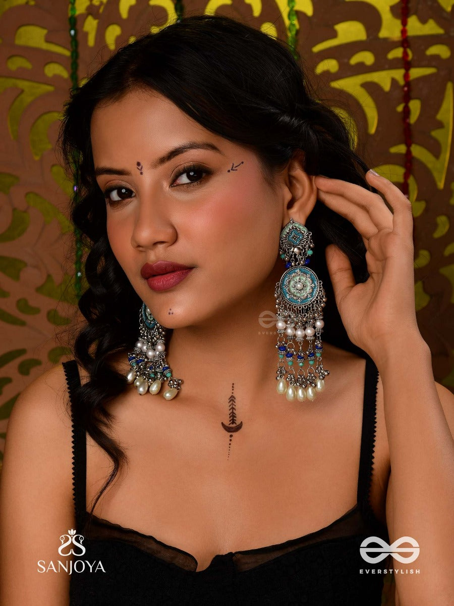 Neelkamala - Blue Lotus Oxidized Earrings With Blue Beads And Intricate Work, Adorned With Pearls & Ghungroo's