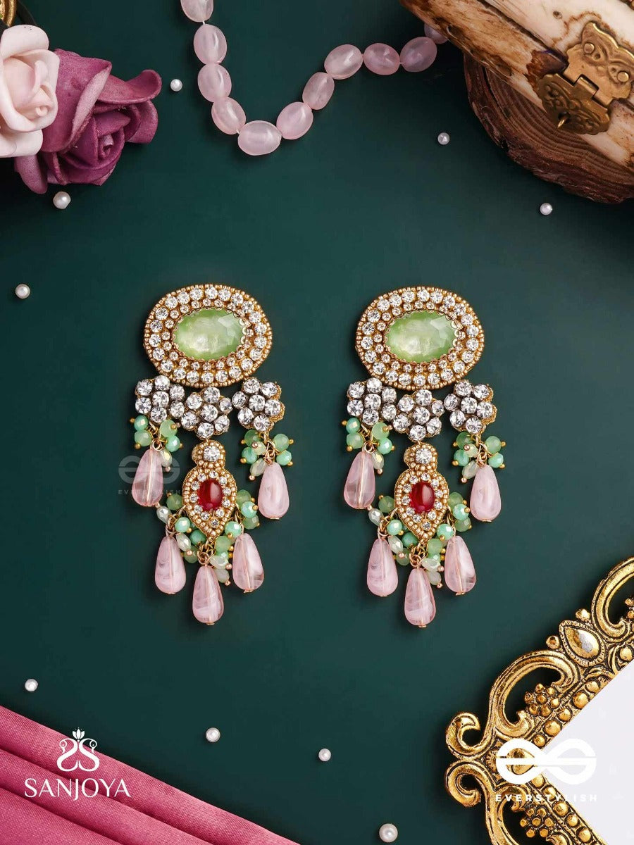 Pankhuri Dhara - Suhana Khan Inspired Earrings Featuring Cascading Pink Beads And Sparkling Gemstones