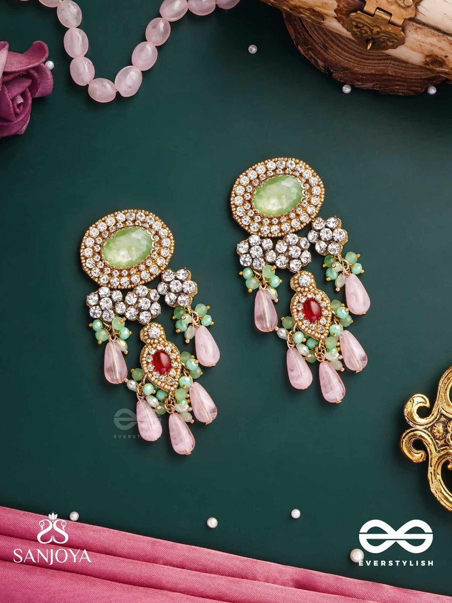 Pankhuri Dhara - Suhana Khan Inspired Earrings Featuring Cascading Pink Beads And Sparkling Gemstones