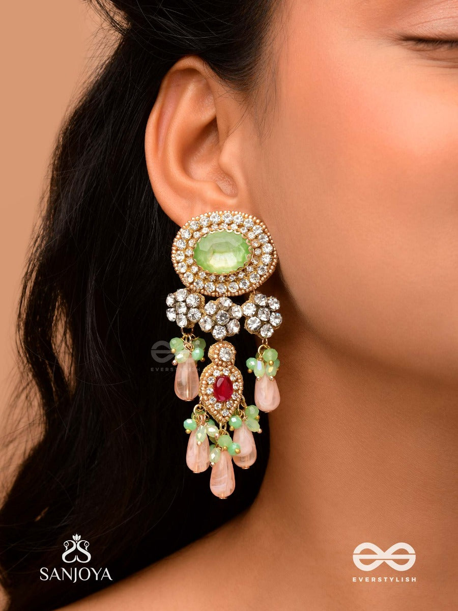 Pankhuri Dhara - Suhana Khan Inspired Earrings Featuring Cascading Pink Beads And Sparkling Gemstones