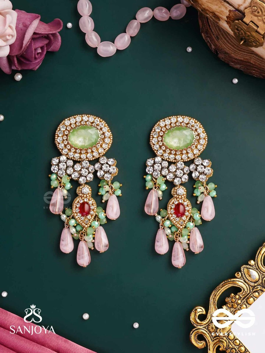 Pankhuri Dhara - Suhana Khan Inspired Earrings Featuring Cascading Pink Beads And Sparkling Gemstones
