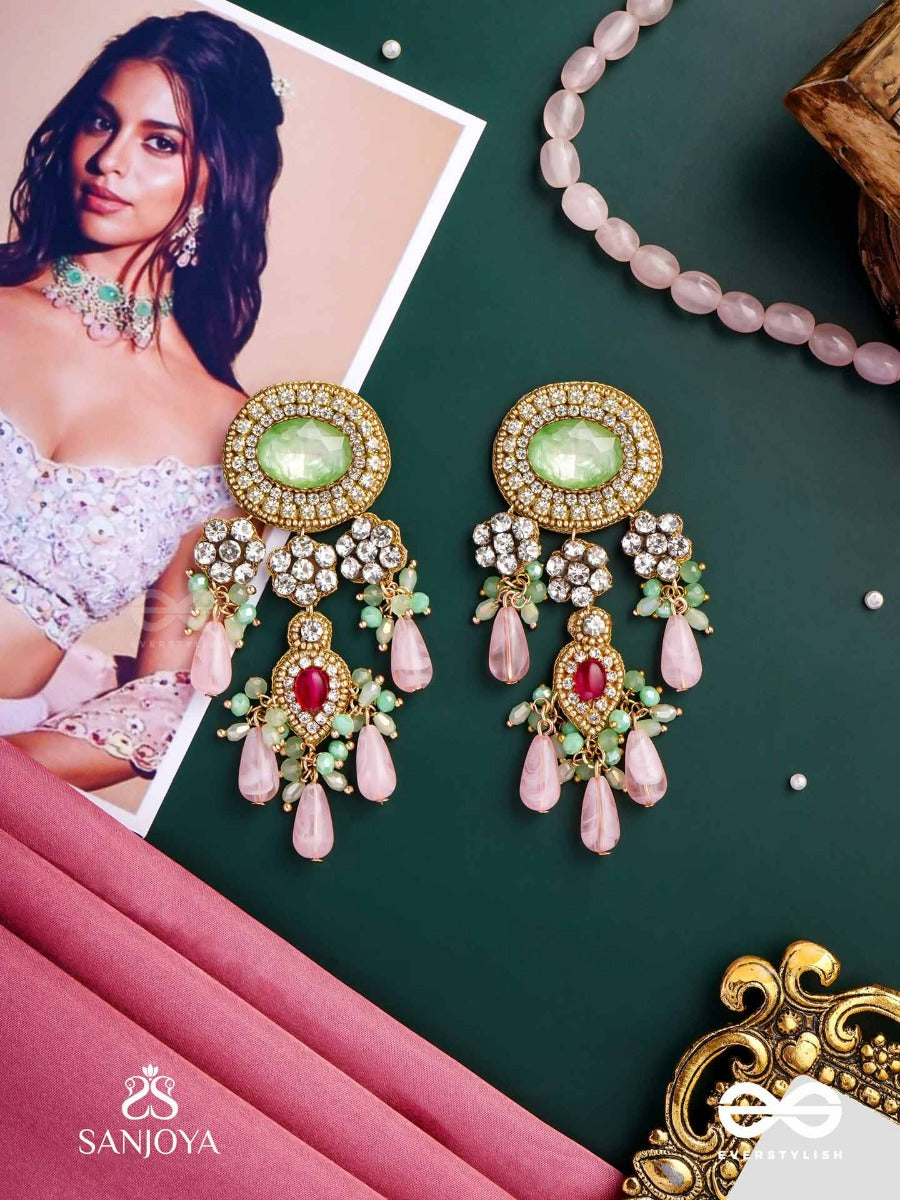 Pankhuri Dhara - Suhana Khan Inspired Earrings Featuring Cascading Pink Beads And Sparkling Gemstones