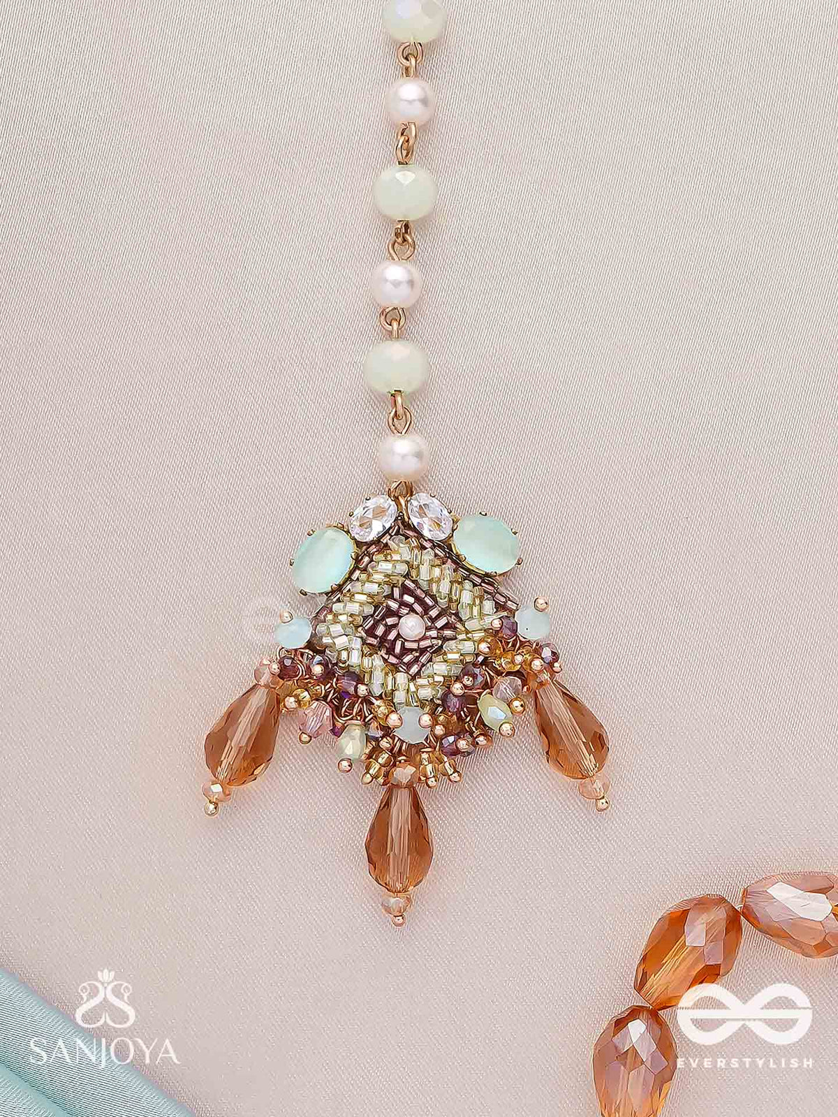 Sundara Shobha - Beautiful Radiance- Elegant Mangtika Surrounded By Sparkling Stones, Delicate Pearls And Light Green Beads