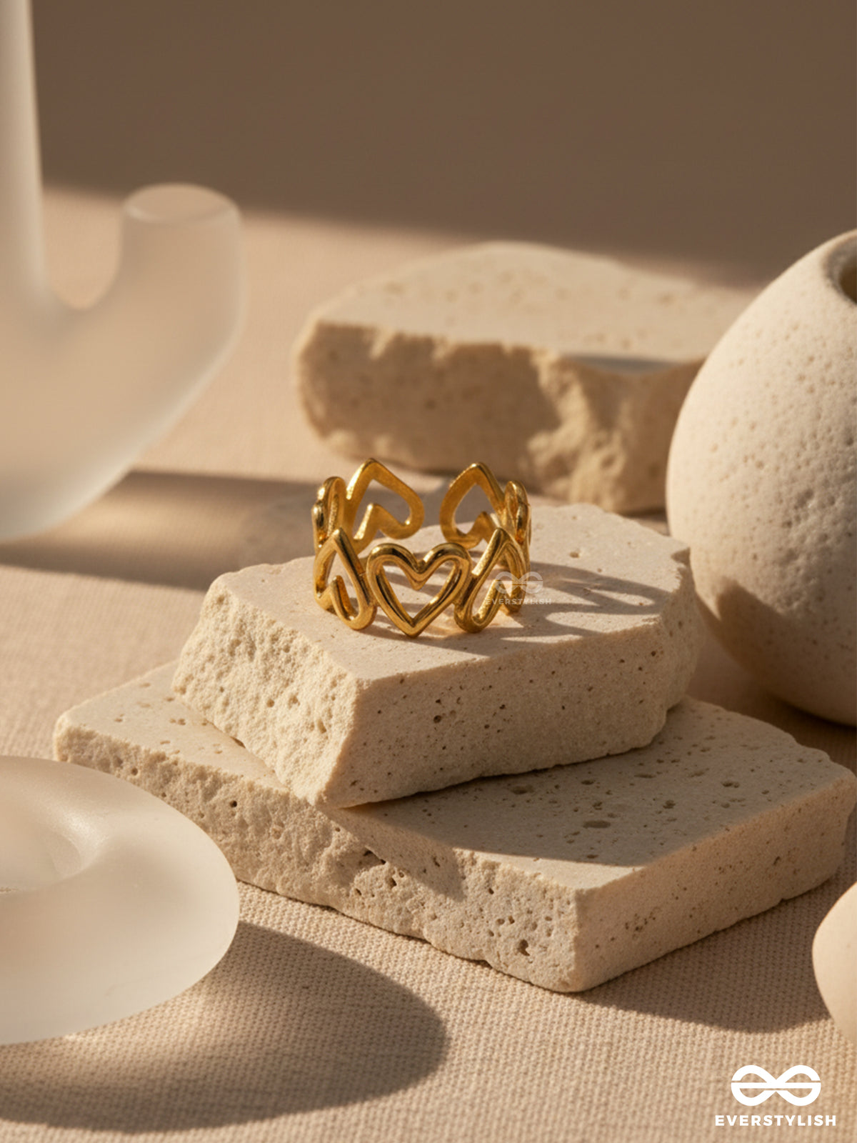 Lover's Gaze - Golden Stainless Steel Anti-Tarnish Ring With Heart Shapes