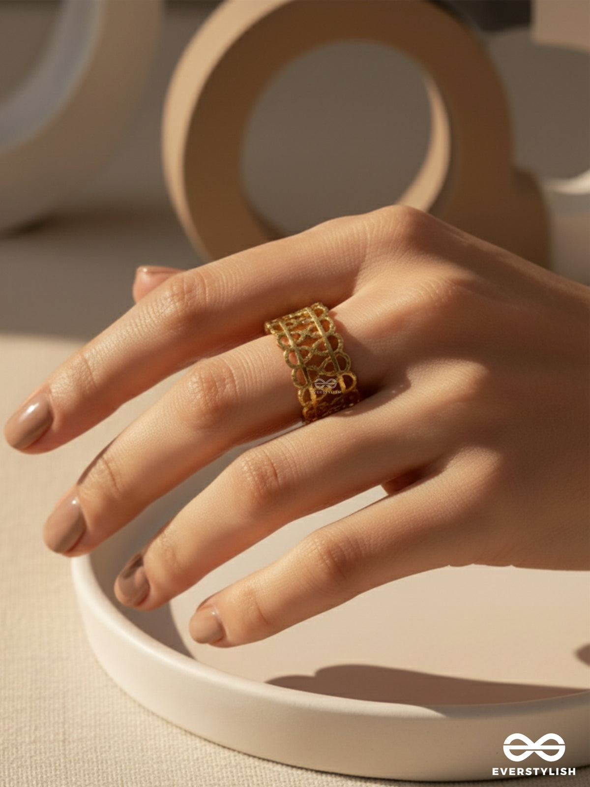Royal Tapestry - Textured Stainless Steel Anti-Tarnish Golden Ring