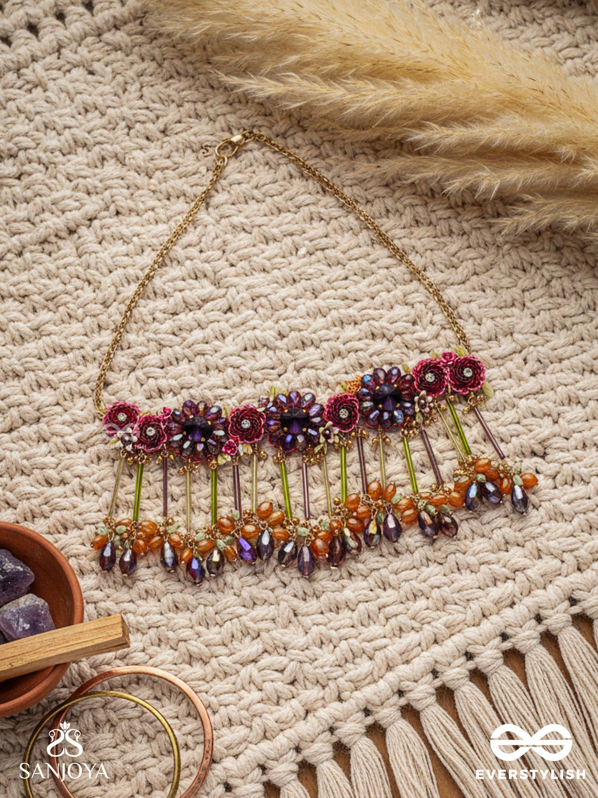 Varnamala Abhushana - Adornment Of Colors - Floral Motifs, Beadwork, Glass Drops With Golden Detailing Choker Neckpiece