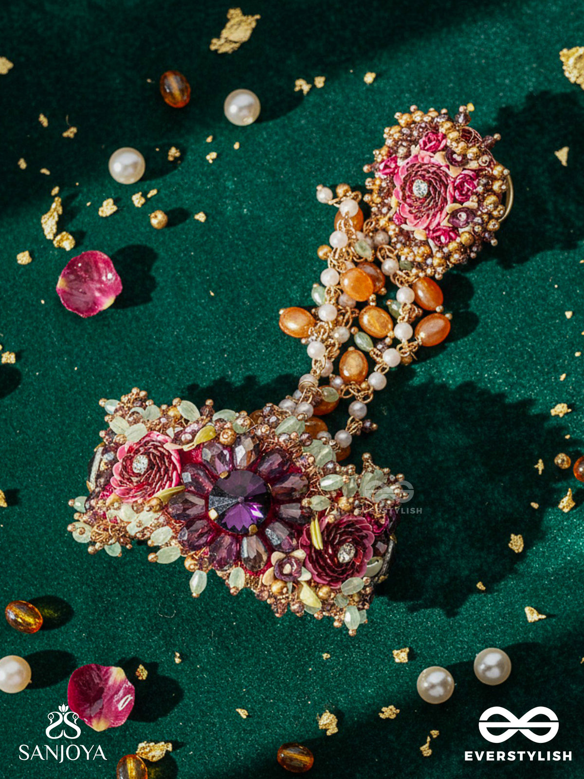 Varnamala Abhushana - Adornment Of Colors - Golden Beads Wth Colorful Floral Motifs Bracelet Attached With Adjustible Ring
