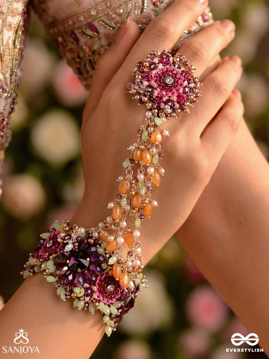 Varnamala Abhushana - Adornment Of Colors - Golden Beads Wth Colorful Floral Motifs Bracelet Attached With Adjustible Ring
