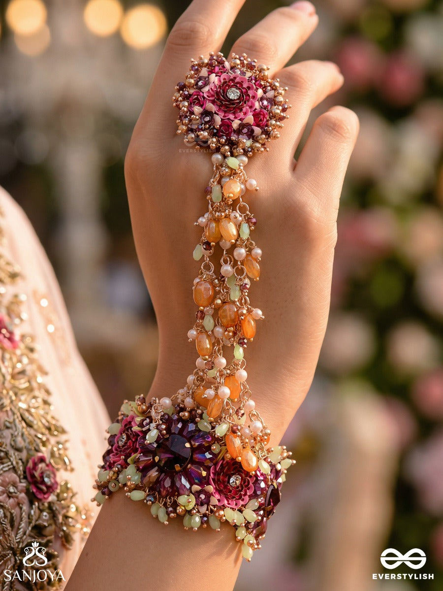 Varnamala Abhushana - Adornment Of Colors - Golden Beads Wth Colorful Floral Motifs Bracelet Attached With Adjustible Ring