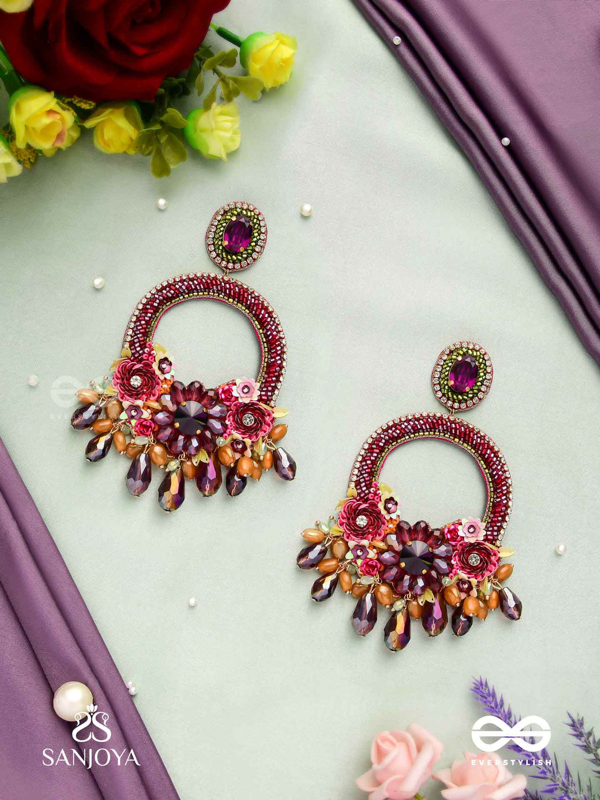 Varnamala Abhushana - Adornment Of Colors - Floral Motifs, Glassdrops And Stones Hand Embroidered Earrings