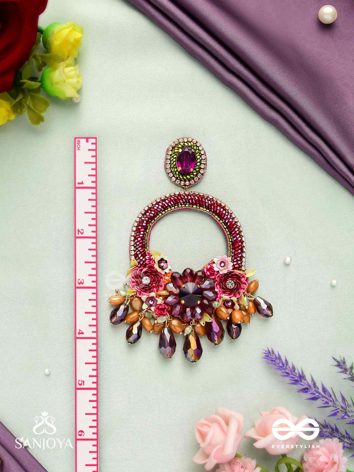 Varnamala Abhushana - Adornment Of Colors - Floral Motifs, Glassdrops And Stones Hand Embroidered Earrings