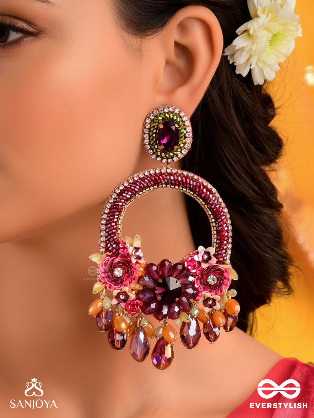 Varnamala Abhushana - Adornment Of Colors - Floral Motifs, Glassdrops And Stones Hand Embroidered Earrings