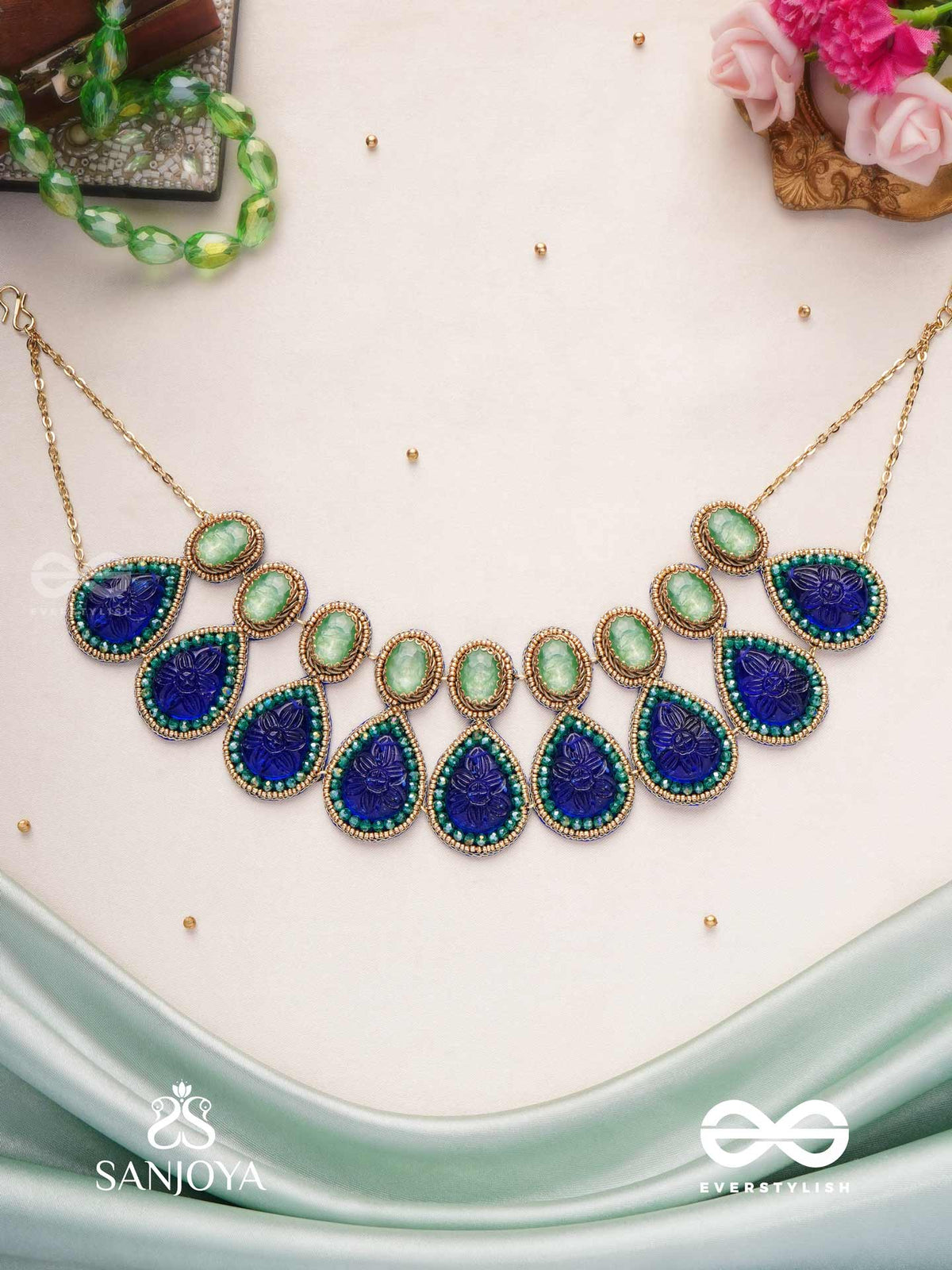 Jalaneelini - Water Like Blue Elegance - Blue Teardrop Shapes, Gemstones With Golden Ebellished Necklace