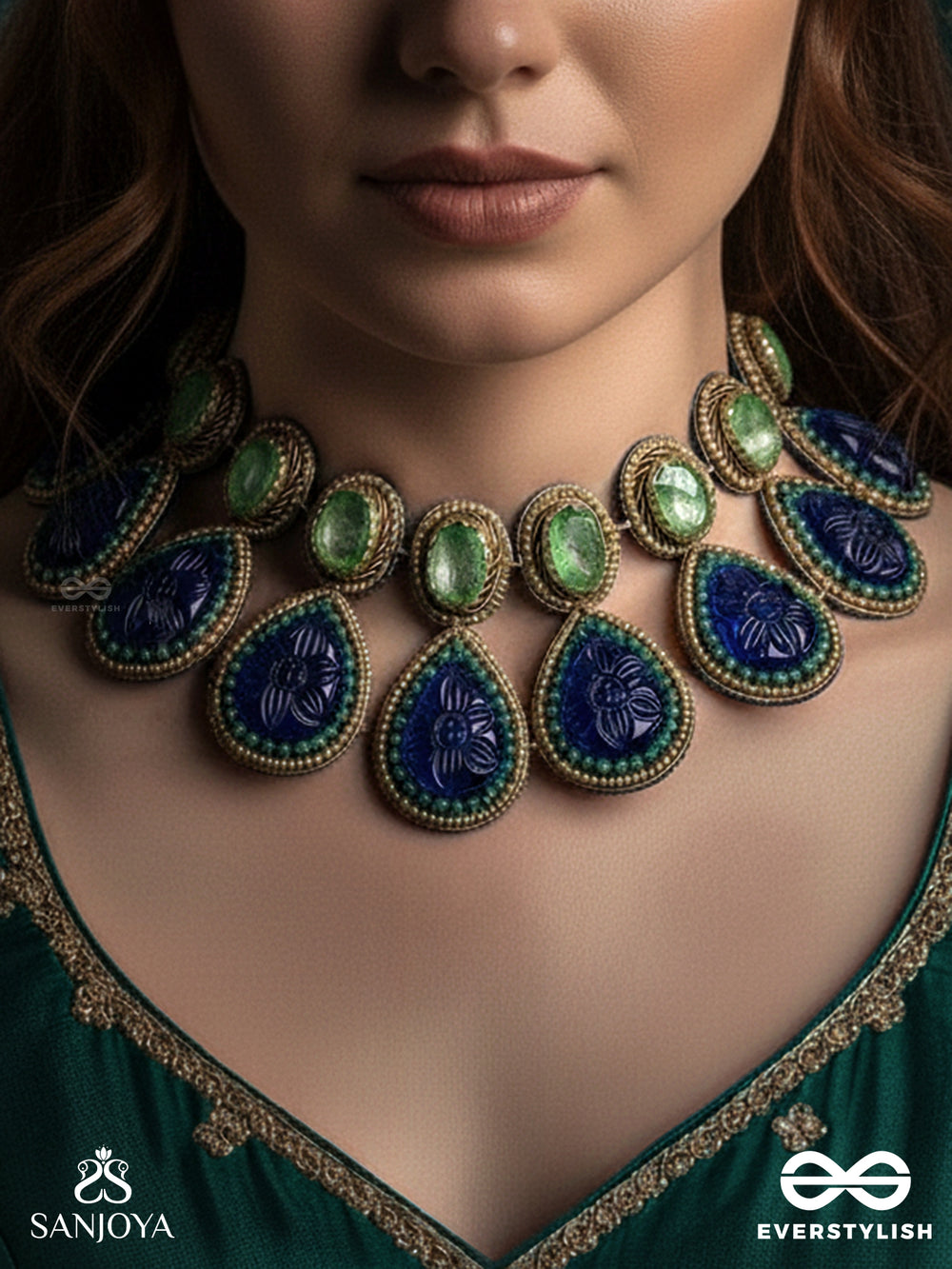 Jalaneelini - Water Like Blue Elegance - Blue Teardrop Shapes, Gemstones With Golden Ebellished Necklace