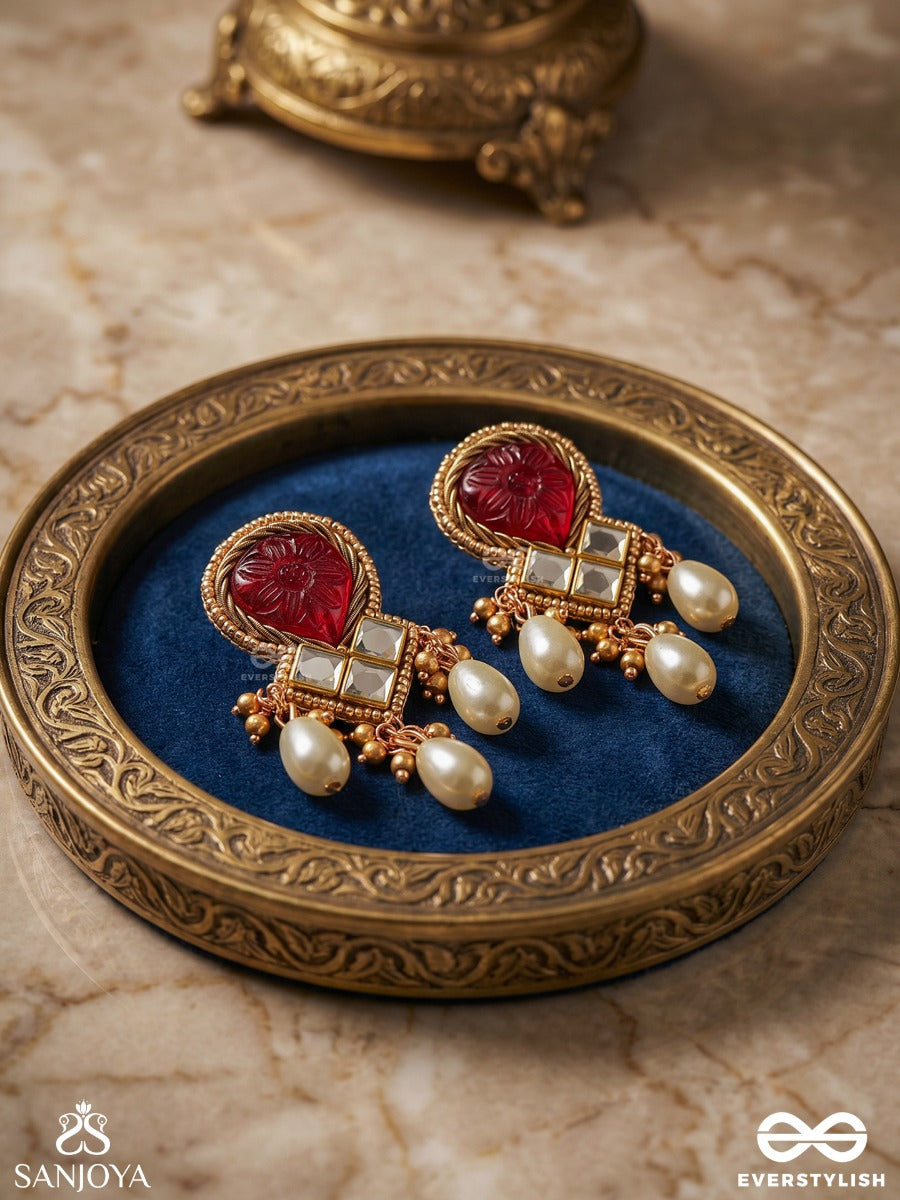 Premabhushanam - Adornment Of Love - Pearls, Engraved Stone Cutdana And Kundan Work Earrings