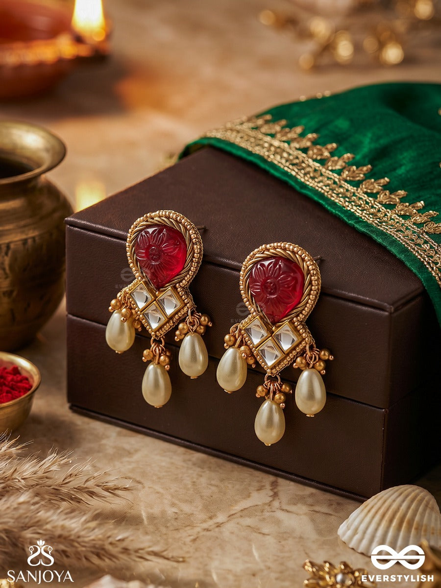 Premabhushanam - Adornment Of Love - Pearls, Engraved Stone Cutdana And Kundan Work Earrings