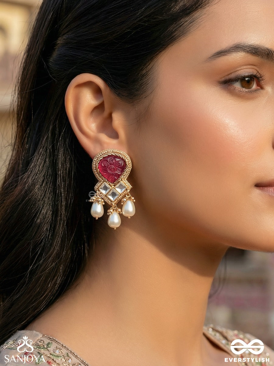 Premabhushanam - Adornment Of Love - Pearls, Engraved Stone Cutdana And Kundan Work Earrings