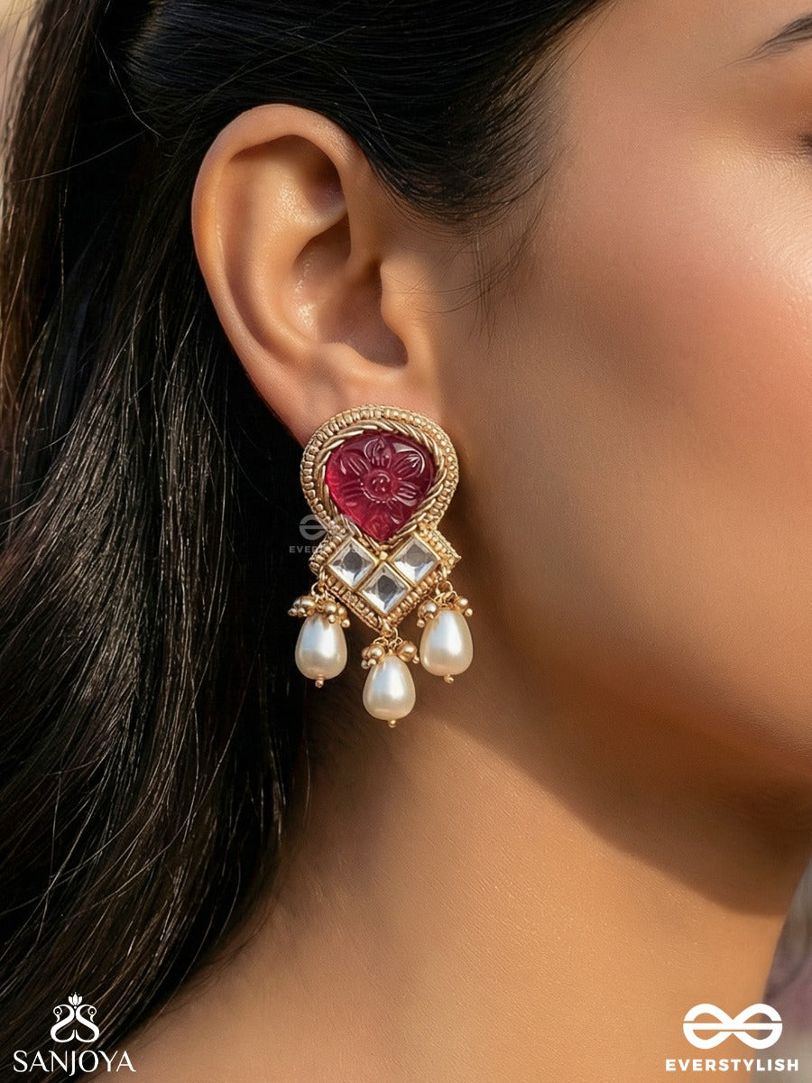 Premabhushanam - Adornment Of Love - Pearls, Engraved Stone Cutdana And Kundan Work Earrings