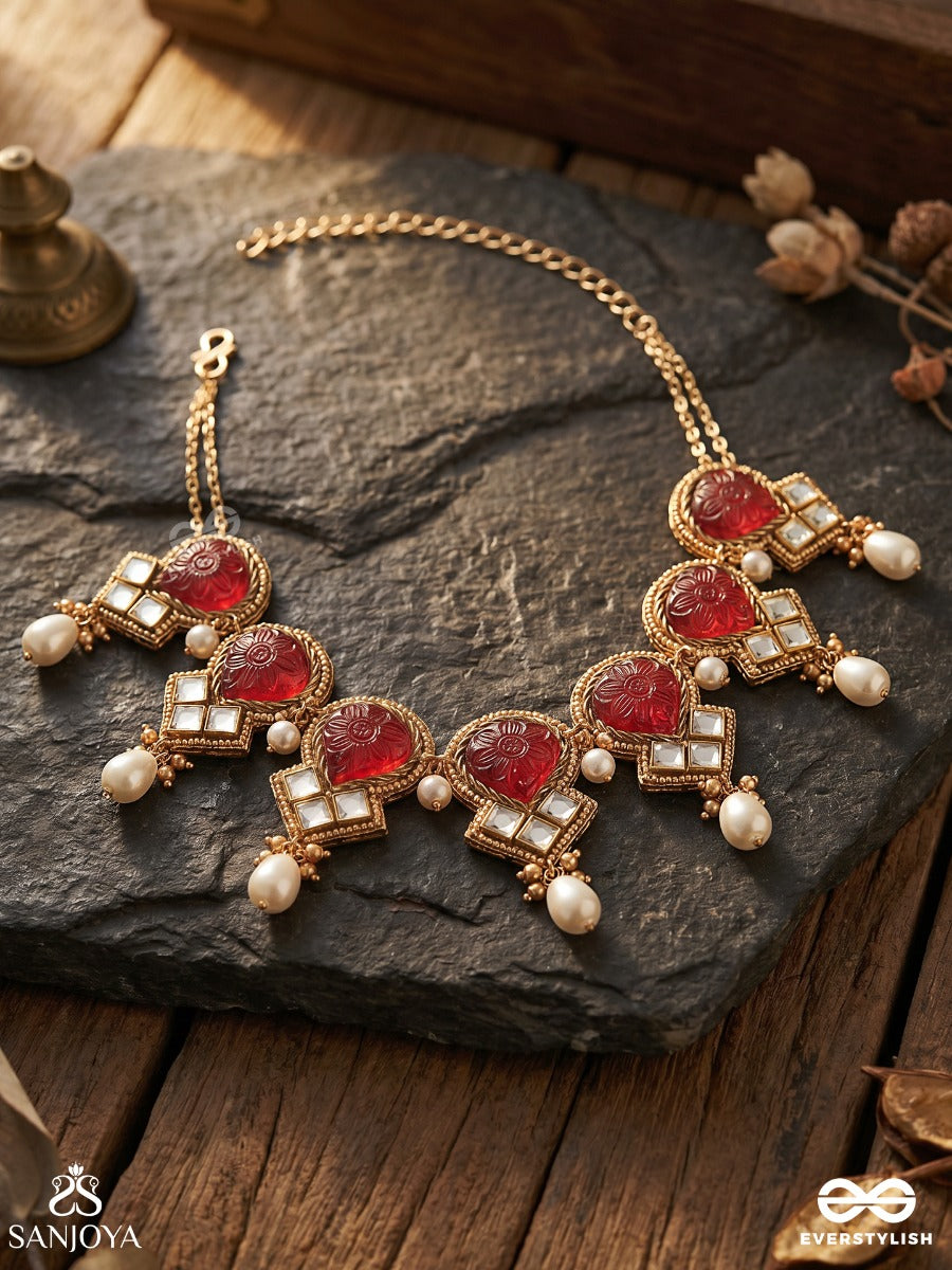 Premabhushanam - Adornment Of Love - Red Enamel On Stones, Pearls And Kundan Detailing Choker Necklace