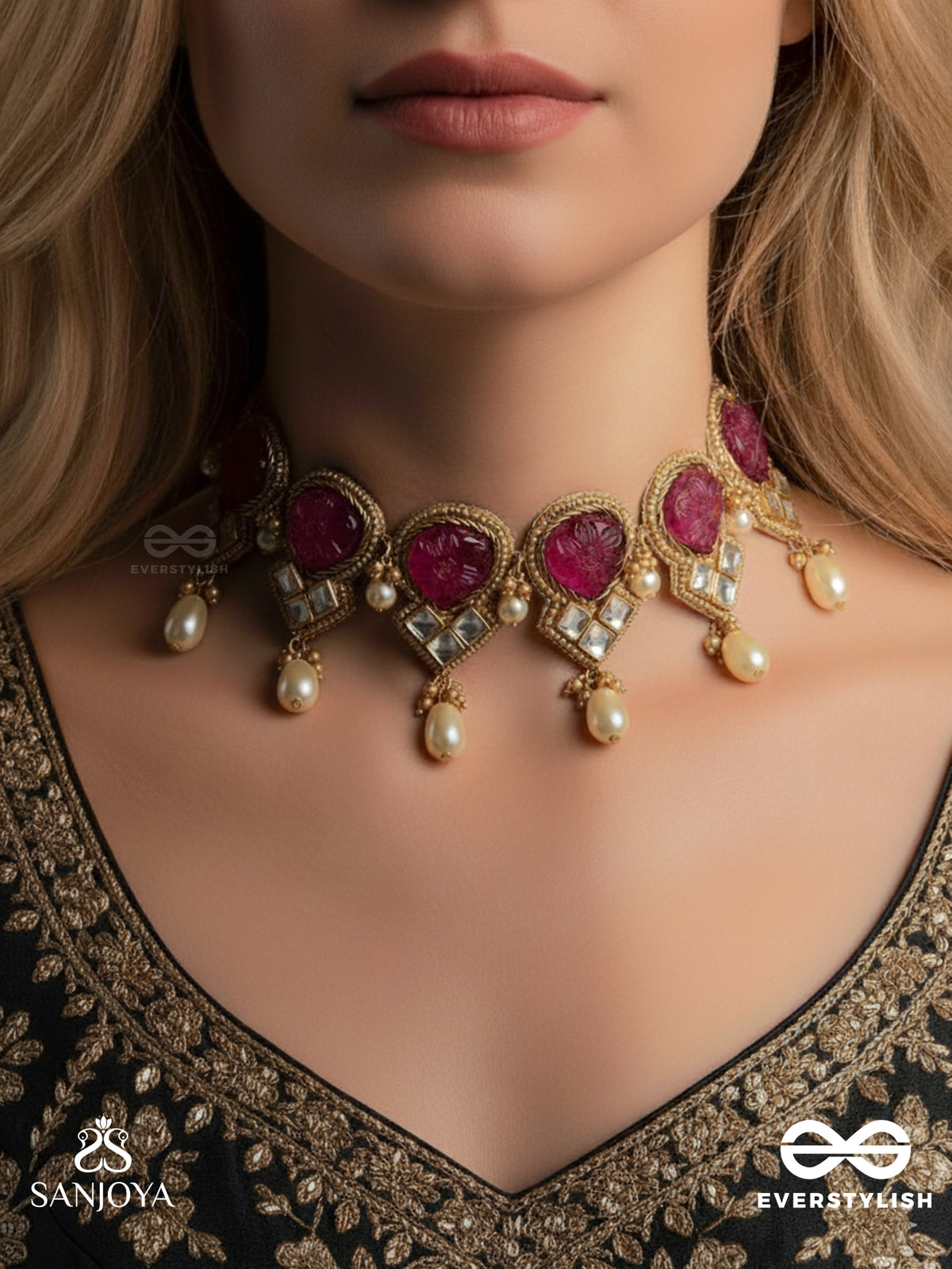 Premabhushanam - Adornment Of Love - Red Enamel On Stones, Pearls And Kundan Detailing Choker Necklace