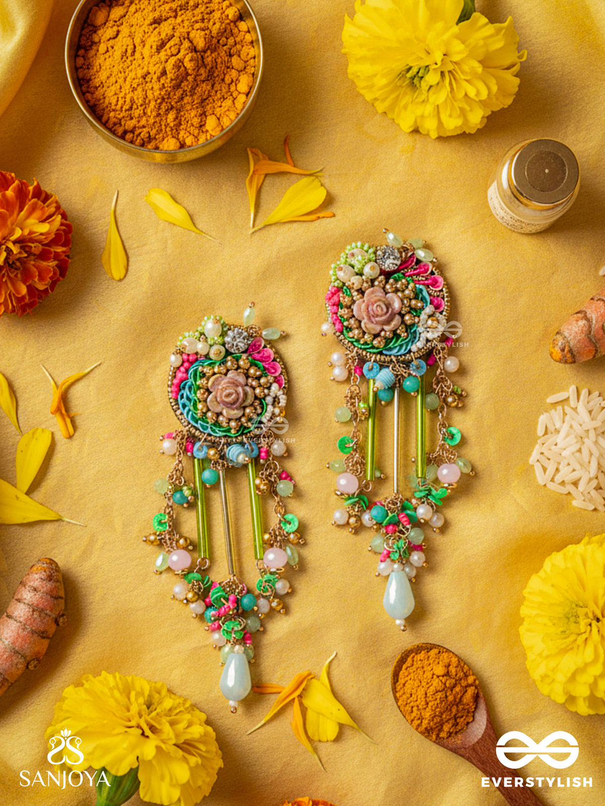 Manjusumana - Beautiful Blossom - Pastel Color Beads And Detail Work With Golden Embellishment Earrings