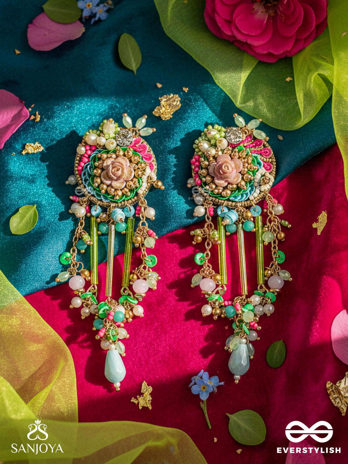Manjusumana - Beautiful Blossom - Pastel Color Beads And Detail Work With Golden Embellishment Earrings