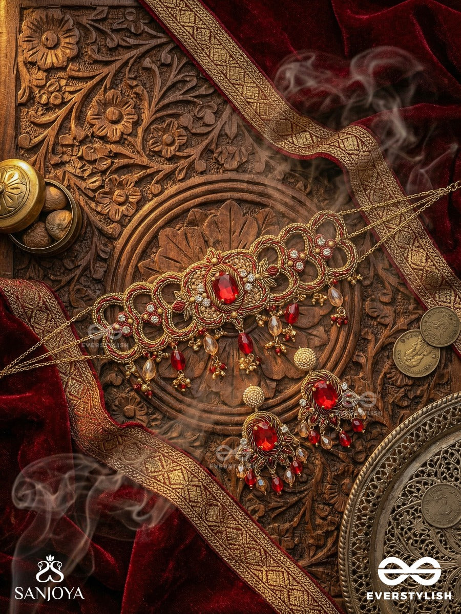 Ratnavati Hara - Adorned With Gemstones - Embroidered Gemstone Necklace & Earrings Set With Beads & Thread Work