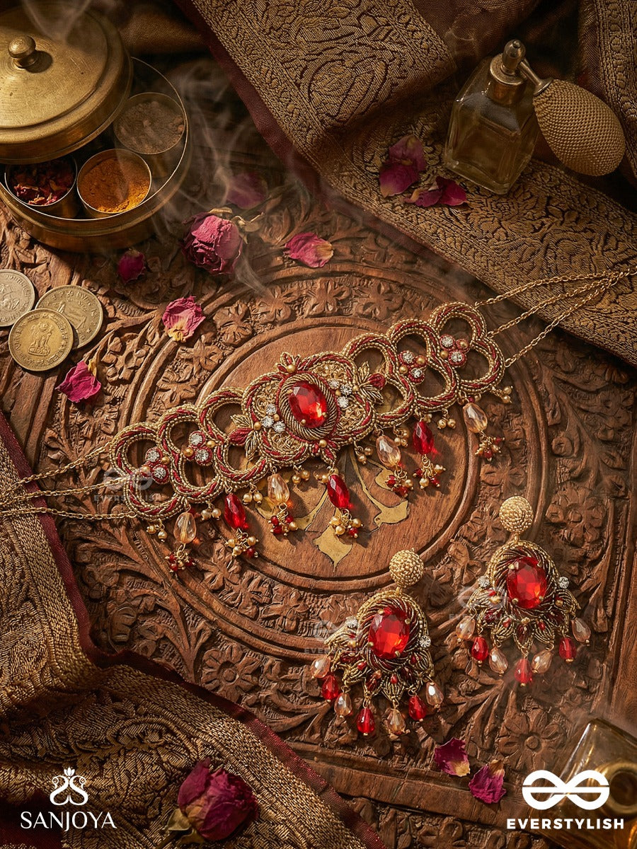 Ratnavati Hara - Adorned With Gemstones - Embroidered Gemstone Necklace & Earrings Set With Beads & Thread Work
