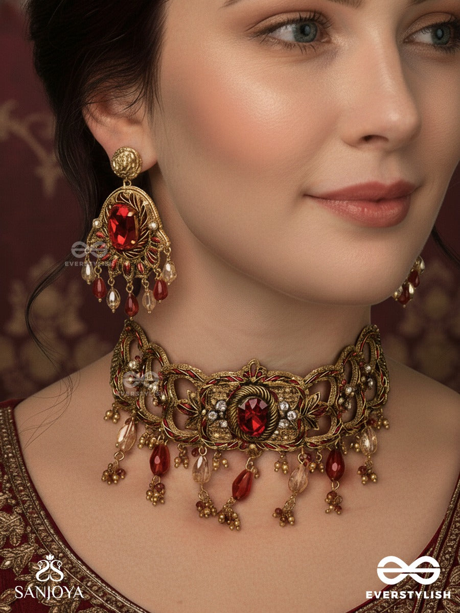 Ratnavati Hara - Adorned With Gemstones - Embroidered Gemstone Necklace & Earrings Set With Beads & Thread Work