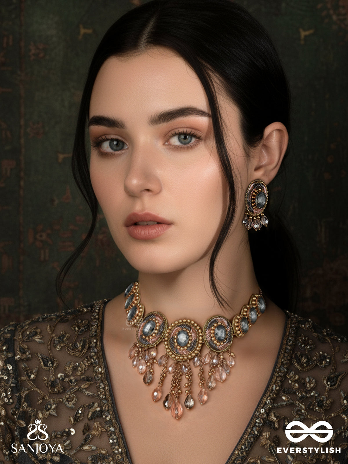 Bijaksara - The Secret Spell - Stones, Beads And Glass Drops Hand Embroidered Set With Choker Neckpiece & Earrings